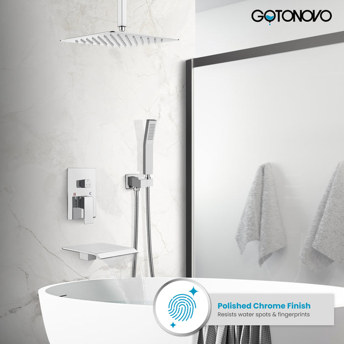 Gotonovo 12 Inch Rain Mixer Shower Faucet Set with Waterfall Tub Spout Ceiling Mount with Handheld Spray Pressure Balance Rough-in Valve and Trim Included