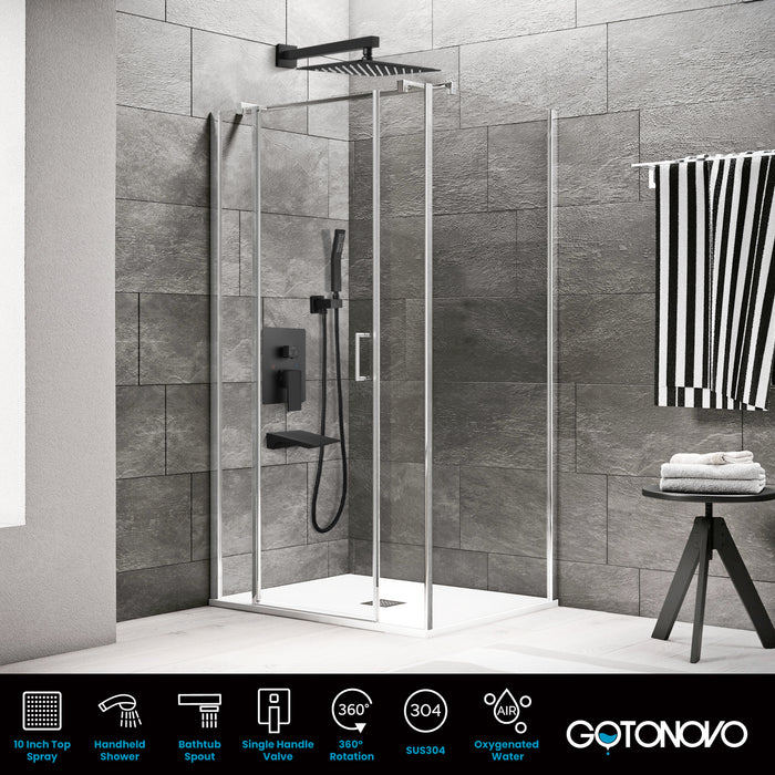 Gotonovo Rain Shower Combo Set with Waterfall Tub Spout Square Rainfall Shower Head with Handheld Spray Pressure Balance Rough-in Valve and Trim Included