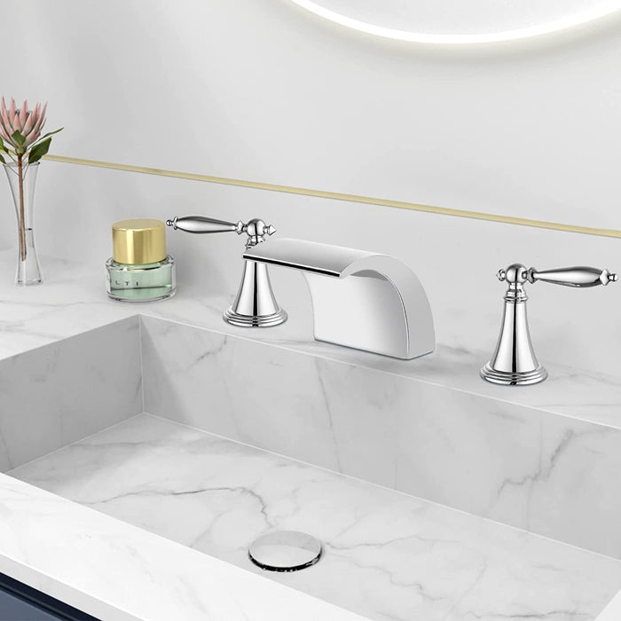 gotonovo Bathroom Widespread Sink Faucet Waterfall Spout 8 16 Inch Dual Handles Three Holes Deck Mount Pop Up Drain with Overflow Bathtub Basin Mixer Tap Commercial