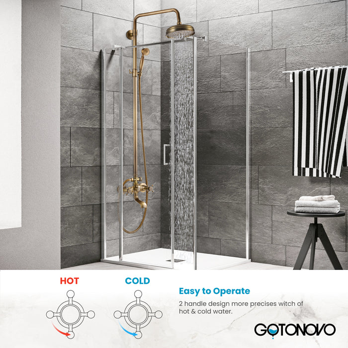 Gotonovo Exposed Shower Fixture 8 Inch Rainfall Shower Head with Handheld Spray Dual Cross Knobs Mixer Bathroom Triple Function Shower Combo Set Wall Mount