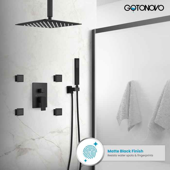 Gotonovo Rain Shower Combo Set Ceiling Mounted Square Rainfall Shower Head with Body Spray Jets and Brass Handshower Pressure Balance Rough-in Valve and Trim Included