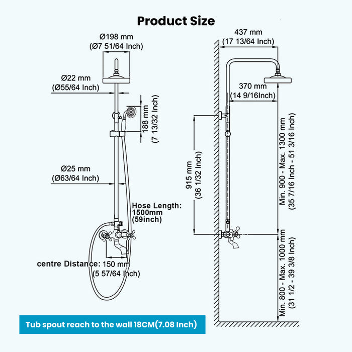 Gotonovo Exposed Shower Fixture 8 Inch Rainfall Shower Head with Handheld Spray Dual Cross Knobs Mixer Bathroom Triple Function Shower Combo Set Wall Mount