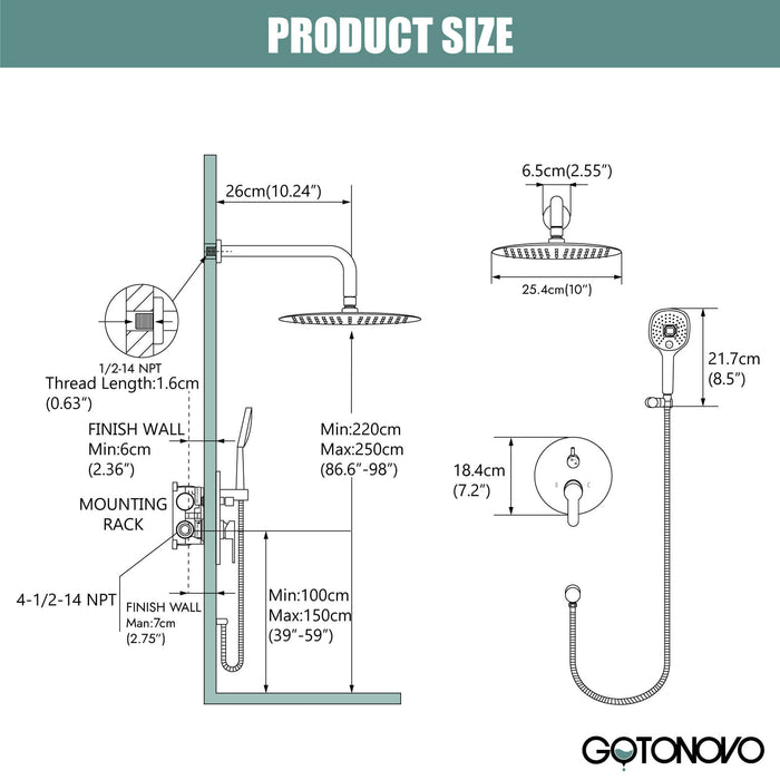 Matte Black Bathroom Shower System 10 Inch Rainfall Showerhead Round ABS Handheld Luxury Rain Mixer Shower Combo Set Wall Mounted Shower Fixture Shower Faucet Rough-in Valve Body and Trim Included