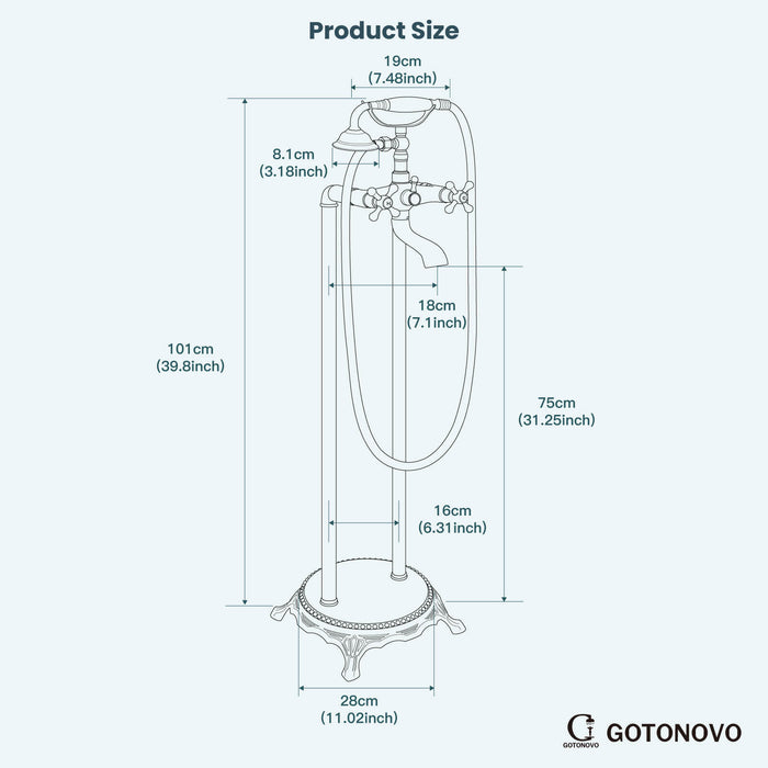 gotonovo Freestanding Bathtub Faucet Floor Mount Tub Filler Double Cross Knobs Bathroom Mixing Tap with Handheld Shower Telephone Shape