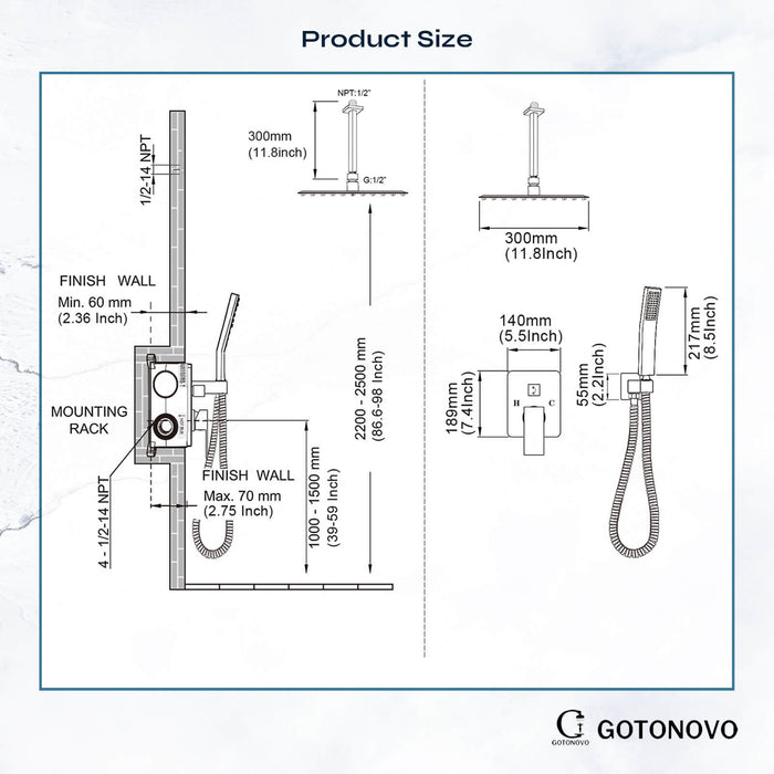 gotonovo Rain Shower System Ceiling Mount 12 Inch Shower Head with Handheld Spray Luxury High Pressure Shower Combo Set Rough-in Valve and Shower Trim Included Dual Function