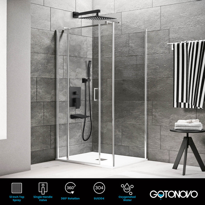 Gotonovo Rain Shower Combo Set with Waterfall Tub Spout Square Rainfall Shower Head with Handheld Spray Pressure Balance Rough-in Valve and Trim Included