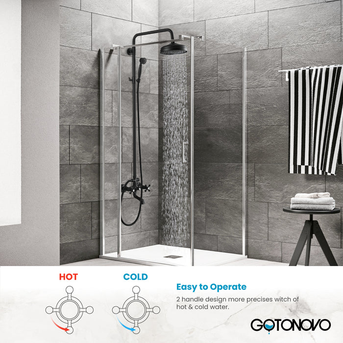 Gotonovo Exposed Shower Fixture 8 Inch Rainfall Shower Head with Handheld Spray Dual Cross Knobs Mixer Bathroom Triple Function Shower Combo Set Wall Mount