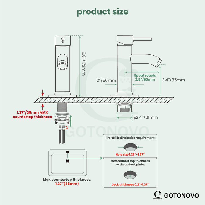 Gotonovo Bathroom Basin Sink Faucet Single Lever Handle Lavatory Vanity Mixer Bar Tap with Pop Up Drain Single Hole Deck Mount with Cover Plate(Short Type&Tall Type)