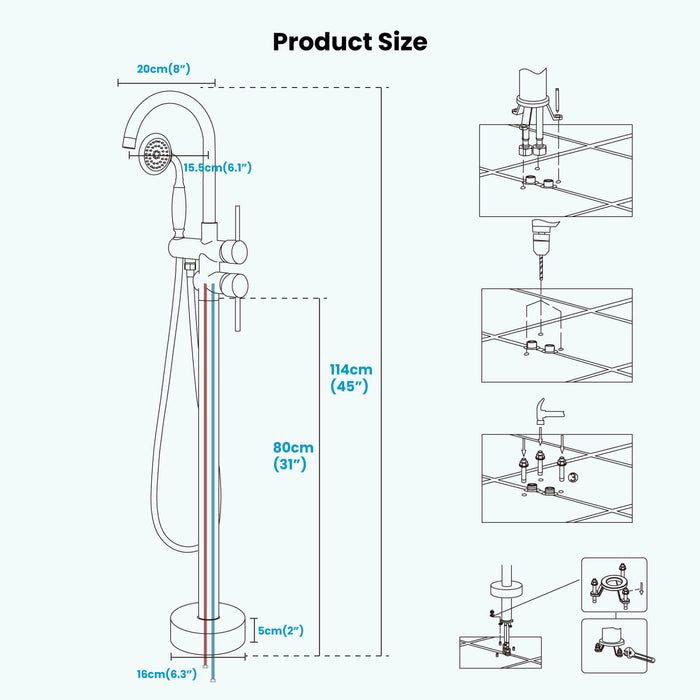 gotonovo Vrijstaande badkuipkraan Badvuller met handdouche Op de vloer gemonteerde hoge stroom messing badkraan met handsproeier 