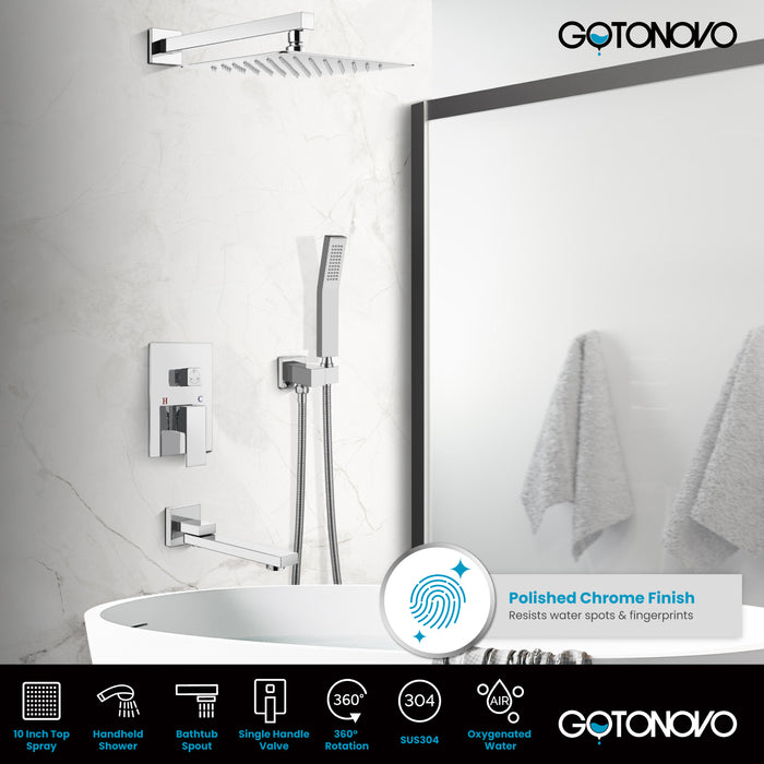 Gotonovo Rain Shower Combo Set Luxury 3-Function with Rotating Tub Spout,Square Rainfall Shower Head and Handheld Spray Rough-in Valve Body and Trim Included