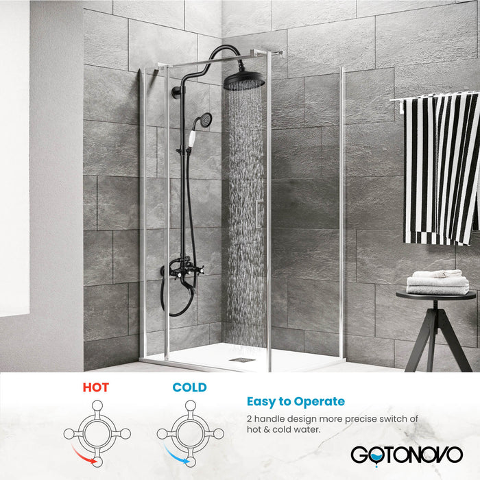 Gotonovo Exposed Shower System Wall Mounted Triple Function 8 Inch Rainfall Shower Head with Handheld and Tub Spout Double Cross Handles