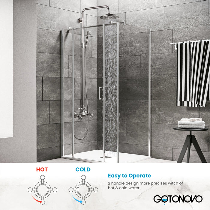 Gotonovo Exposed Shower System 8 Inch Rainfall Shower Head with Handheld Spray Dual Cross Knobs Mixer Bathroom Shower Combo Set Wall Mount