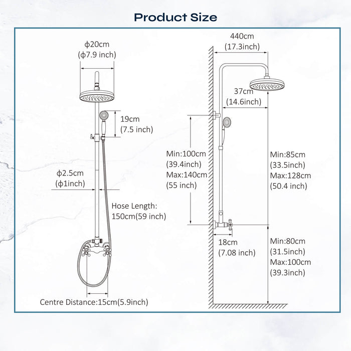 gotonovo Exposed Shower System Combo Set 8inch Rainfall Shower Head and Handheld Spray Double Knobs Cross Handle Dual Function Bathroom Shower Faucet Set