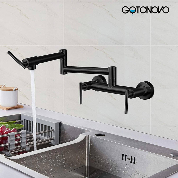 gotonovo Matte Black Pot Filler Faucet for Both Hot Cold Water Folding Kitchen Faucet Wall Mount Commercial Restaurant 8 Inch Spacing Three Handles Stainless Steel Mixer Tap with Double Joint Swing Arm