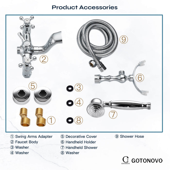 gotonovo Wall Mount Bathroom Bathtub Faucet Set Vintage with Hand Held Shower Spray Double Cross Handle 2 Functions 360 Swivel Mixer Tub Spout