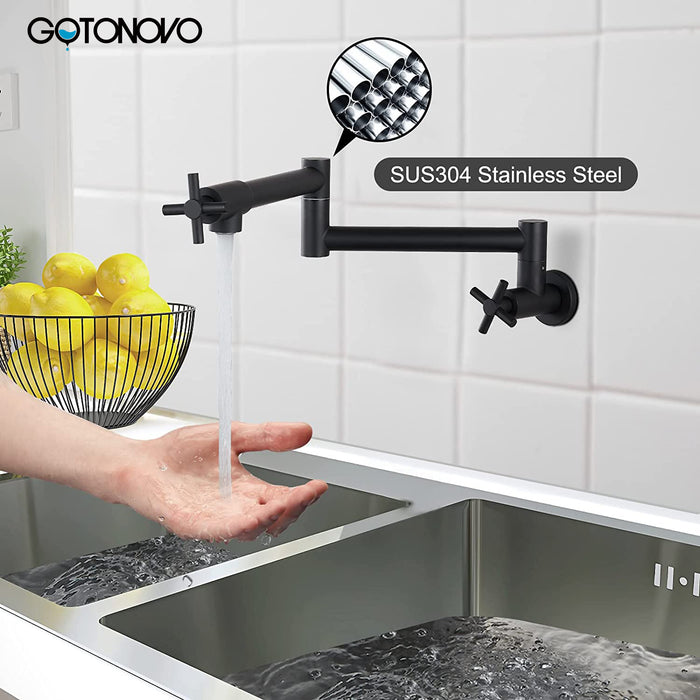 gotonovo Pot Filler Kitchen Faucet Stainless Steel SUS304 Two Cross Handle Single Hole Spout Wall Mounted Stretchable Swing Arm Commercial Kitchen Sink Faucet Control Water