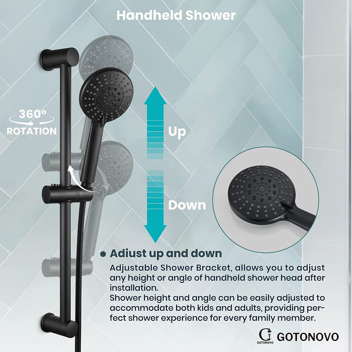 8 Inch Shower System with Slide Bar Round Shower Head Matte Black Rainfall Wall Mounted Shower Faucet Set for Bathroom with ABS Handheld Shower Rough-in Valve Shower Trim Kit