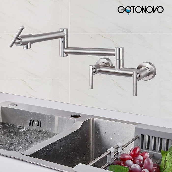 gotonovo Brushed Nickel Pot Filler Faucet Wall Mounted Kitchen Sink Faucets for Hot and Cold Water 6 Inch Spacing Three Handles Stainless Steel Folding Kitchen Faucet with Double Joint Swing Arm