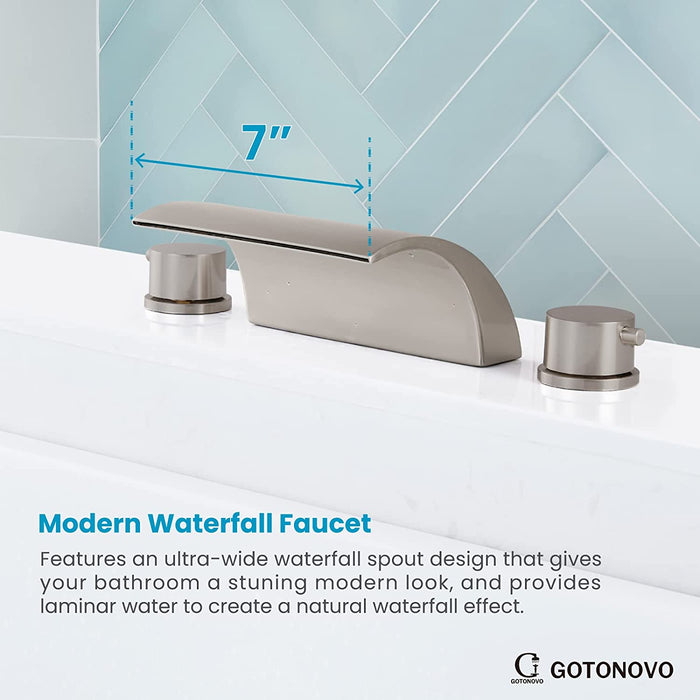 Bathroom Waterfall Tub Faucet Deck Mount Roman Tub Filler 3 Hole Bathtub Faucet with Round Knob Handles Bathtub Spout Brass Valve Stainless Steel Water Supply Lines High Flow