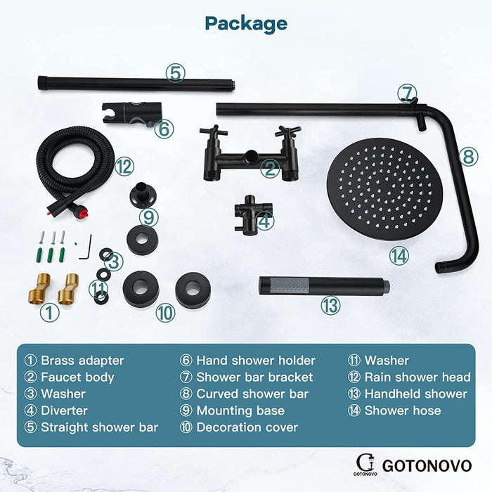 gotonovo buitendouchekraan SUS304 douchearmatuur comboset dubbele kruishandgreep regendouche hogedruk handsproeier wandmontage 2 functies 8 inch