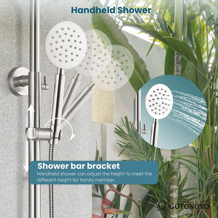 gotonovo Outdoor Shower Fixture System Combo Set Rainfall Lever Handle High Pressure Round Hand Spray Wall Mount Dual Function SUS304