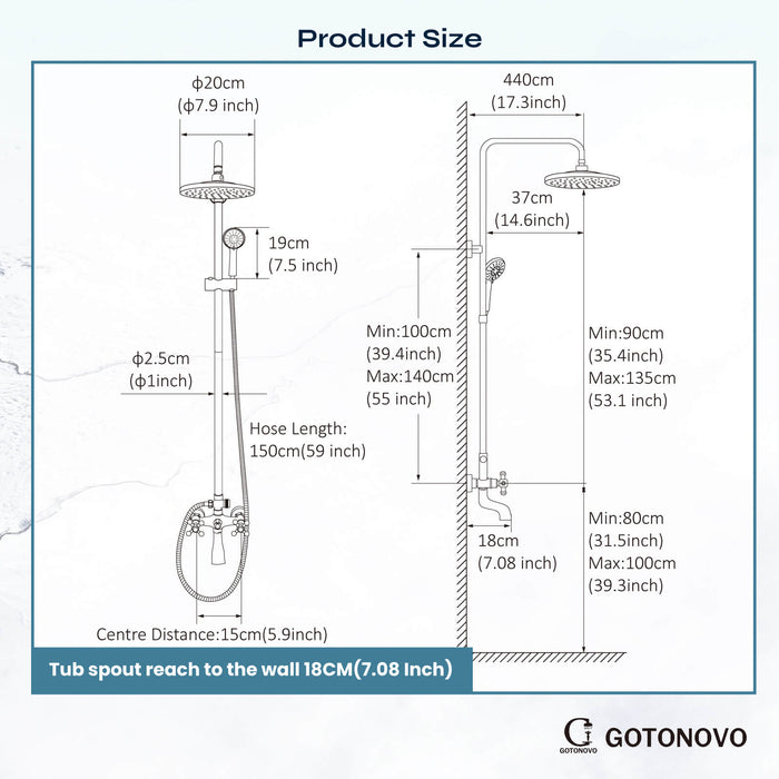 gotonovo Exposed Shower Set 8inch Top Shower Double Knobs cross Handle with Tub Spout Triple Function Shower Fixture System Set