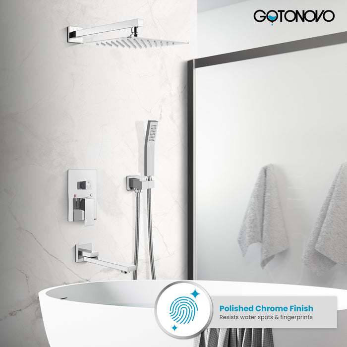 Gotonovo Rain Shower Combo Set Luxury 3-Function with Rotating Tub Spout,Square Rainfall Shower Head and Handheld Spray Rough-in Valve Body and Trim Included