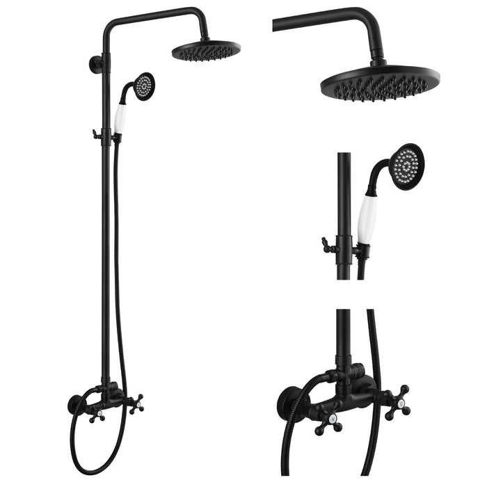 gotonovo Wall Mount Exposed Pipe Shower System 8 Inch Round Rainfall Shower Head Adjustable Telephone Handheld Sprayer with 2 Double Knobs Cross Handle Dual Function Bathroom Shower Faucet Set