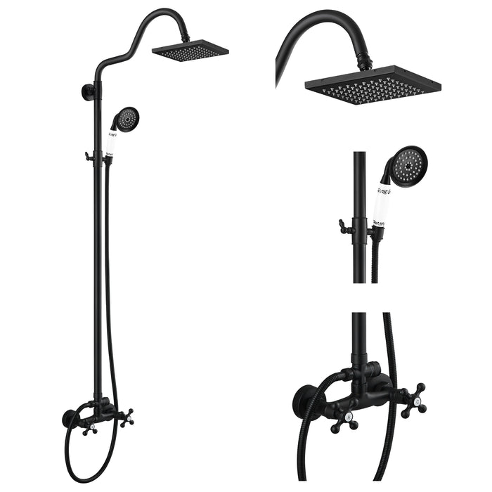 gotonovo Exposed Pipe Mixer Shower Faucet Contains 8 inch Matte Black Thickened Square ABS Shower Head 2 Cross Adjustable Handles with Ceramic Hand Spray 2 Function Shower Unit