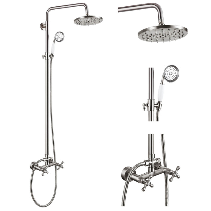 gotonovo Wandmontage Blootgesteld Pijp Douchesysteem 8 Inch Ronde Regendouche Verstelbare Telefoon Handsproeier met 2 Dubbele Knoppen Kruisgreep Dubbele Functie Badkamer Douchekraan Set