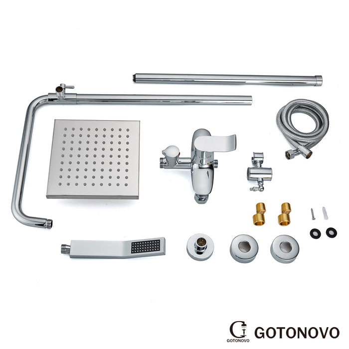 Gotonovo Exposed Shower System 8 Inch Square Swivel Rainfall Shower Head with Handheld Adjustable Complete Set Wall Mount