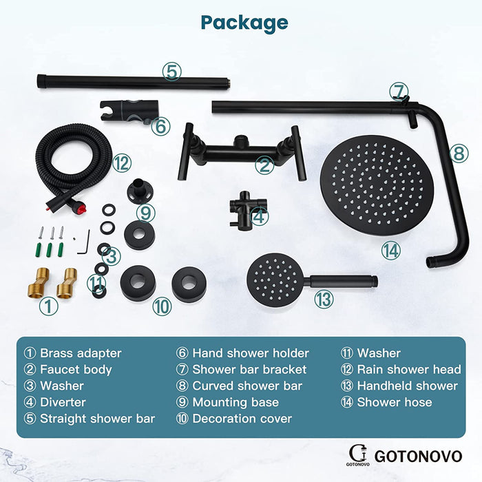 gotonovo Outdoor Shower Fixture System Combo Set Rainfall Lever Handle High Pressure Round Hand Spray Wall Mount Dual Function SUS304