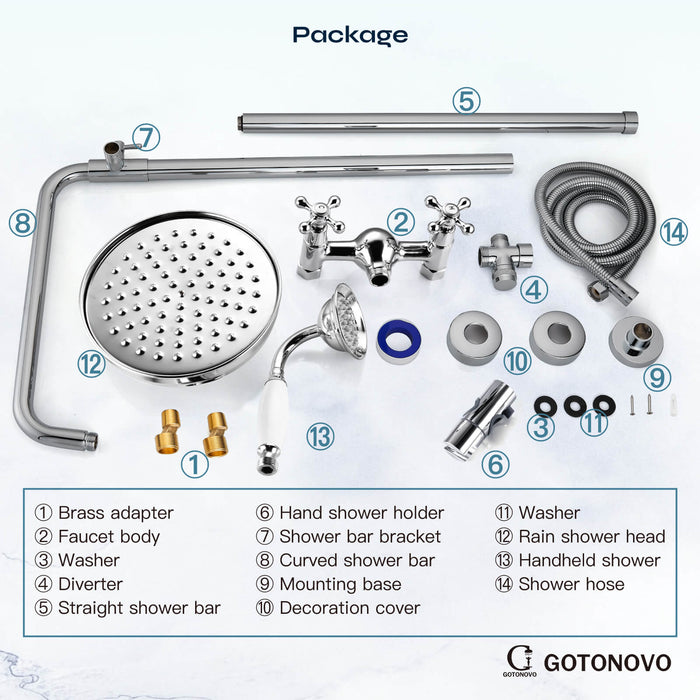 gotonovo Exposed Shower System Combo Set 8inch Rainfall Shower Head and Handheld Spray Double Knobs Cross Handle Dual Function Bathroom Shower Faucet Set