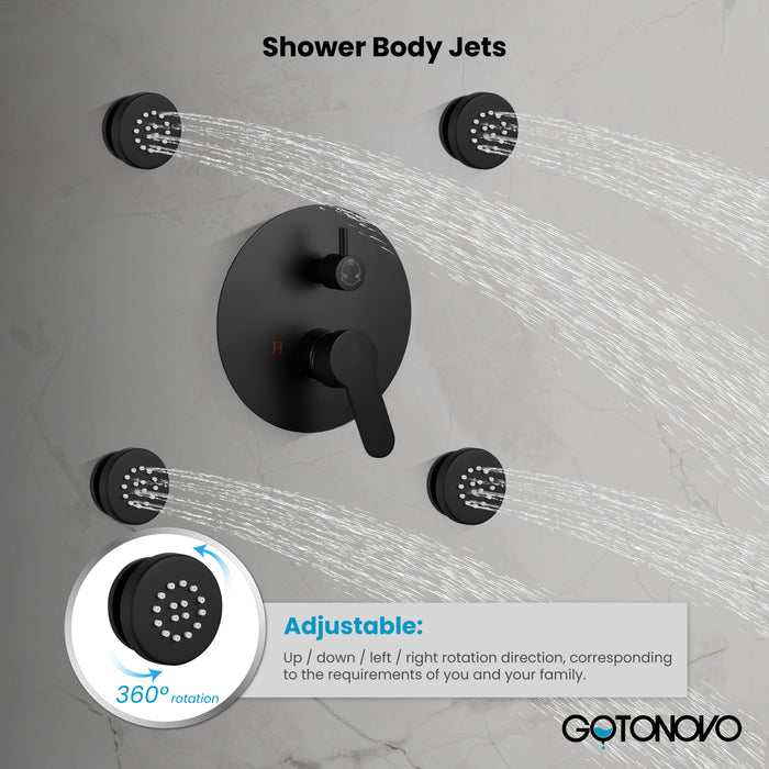 Gotonovo Rain Shower Combo Set Ceiling Mounted Matte Black 12-inch Round Rain Shower Head with Body Spray Jets and Brass Handheld Shower Pressure Balance Rough-in Valve and Trim Included