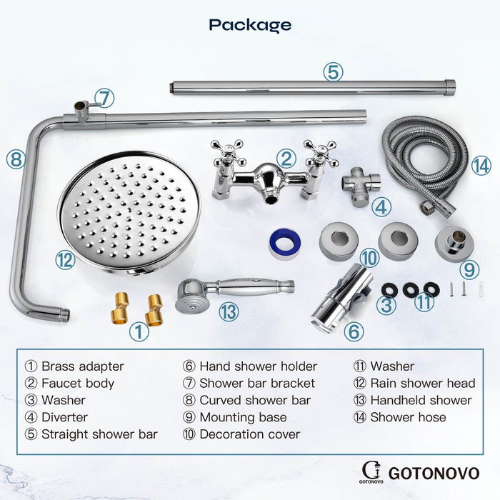 gotonovo Exposed Shower Fixture Set 8inch Rain Shower Head Double Knobs Cross Handle Dual Function Shower Faucet Combo Set