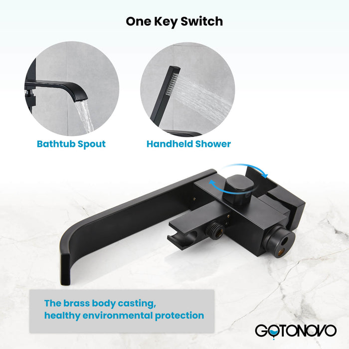 Gotonovo Waterfall Freestanding Bathtub Faucet Floor Mount Tub Filler Single Handle Brass Tap with Hand Shower and 360 Degree Swivel Spout