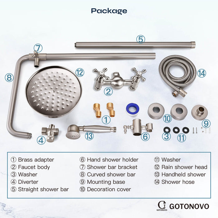 gotonovo Exposed Shower Fixture Set 8inch Rain Shower Head Double Knobs Cross Handle Dual Function Shower Faucet Combo Set