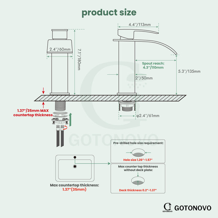 gotonovo Waterfall Bathroom Sink Faucet Deck Mount 304 Stainless Steel 1 Hole Single Handle Hot and Cold Mixer Tap(2 styles-without Pop Up Drain & with Pop Up Drain)