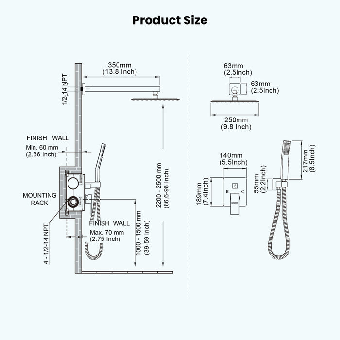 gotonovo Rain Shower Combo Set Wall Mounted  2-Function Rainfall Shower Head With Handheld Spray Rough-in Valve Body and Trim Included