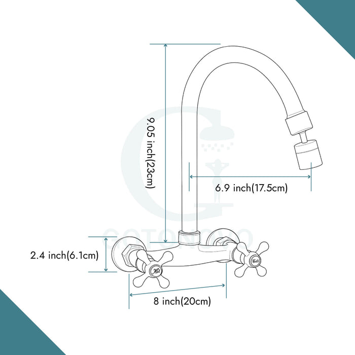 Gotonovo Aanrechtkraan Wandmontage 6 Inch+8inch Midden Verstelbare Gatafstand Keuken Wandkranen 360 Graden Draaibare Uitloop Dubbele Kruisgrepen 
