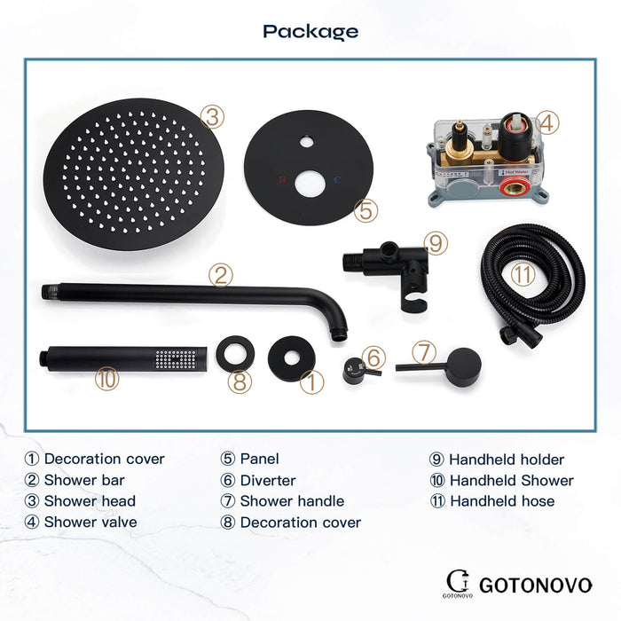 gotonovo Matte Black Shower System 10 Inch  Rain Shower Head with Handheld Spray Luxury Wall Mount Shower Combo Set Rough-in Valve and Shower Trim Included Bathroom 304 Stainless Steel