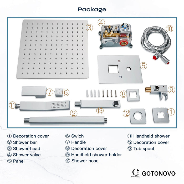 gotonovo douchesysteem met badkuipuitloop, 12 inch plafondmontage, 3-functiemengkraan, douchecombinatieset, regendouche, handdouche, badkamer, luxe inbouwventielbehuizing en afwerkingsset 