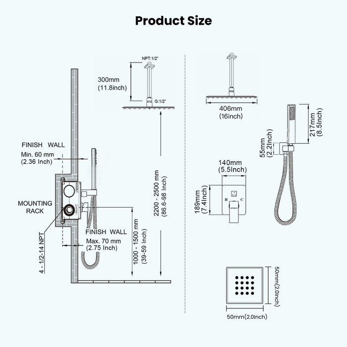 Gotonovo Rain Shower Combo Set Ceiling Mounted Square Rainfall Shower Head with Body Spray Jets and Brass Handshower Pressure Balance Rough-in Valve and Trim Included