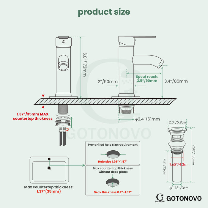 gotonovo Bathroom Vessel Sink Faucet Single Handle Lavatory Vanity Deck Mount Sink Tap with Pop Up Drain( Tall Type& Short Type)