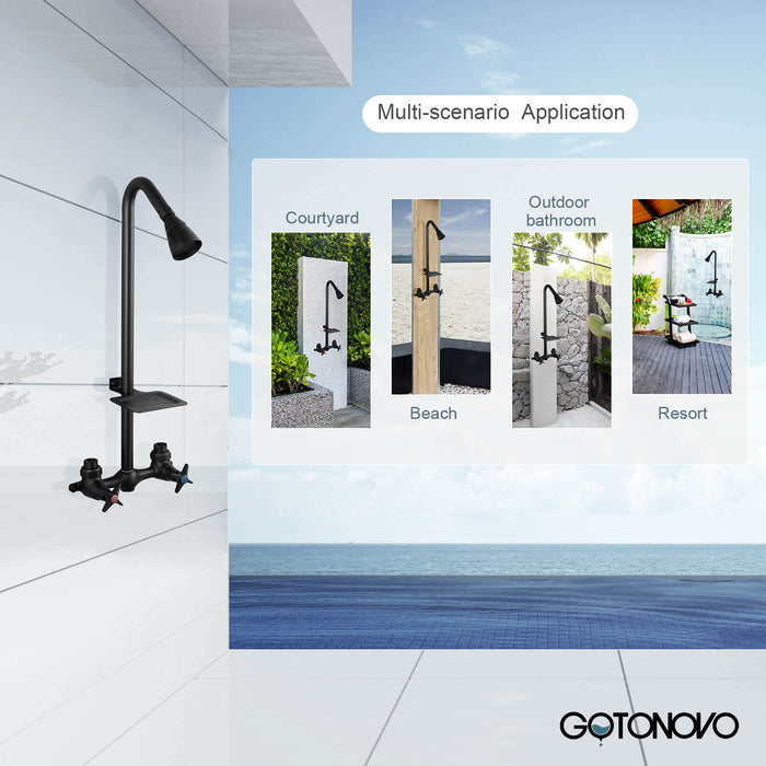 gotonovo Outdoor Shower Faucet Set Double Cross Handles Exposed Shower System Rainfall Shower Head Wall Mount Shower Fixture Kit Brass Mix Valve