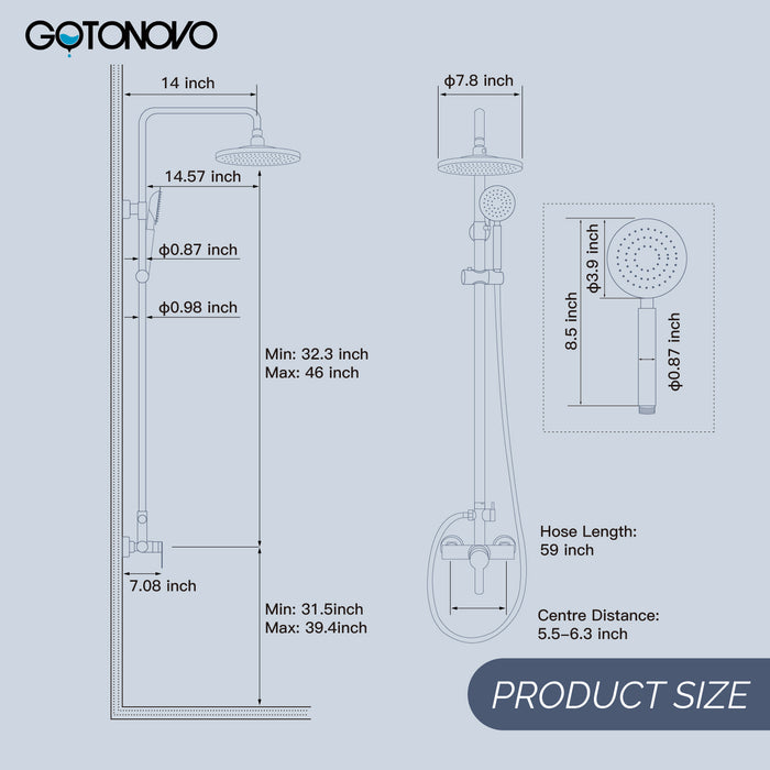 gotonovo Brushed Nickel SUS304 Outdoor Shower Fixture Shower Faucet Combo Set Single Handle 8 Inch Thicken Rainfall Showerhead With Handheld Spray Wall Mount Dual Functions