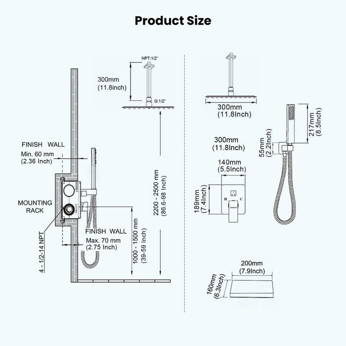 Gotonovo 12 Inch Rain Mixer Shower Faucet Set with Waterfall Tub Spout Ceiling Mount with Handheld Spray Pressure Balance Rough-in Valve and Trim Included