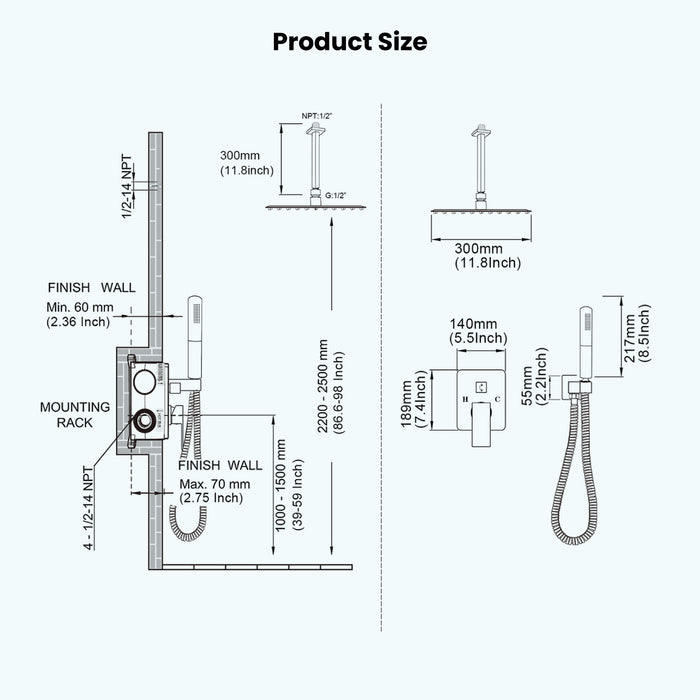 Gotonovo Rain Shower Combo Set Square Shower head SUS304 Stainless Steel Shower Trim Kit 2 in 1 Cylindrical Handheld shower with Rough-in Valve