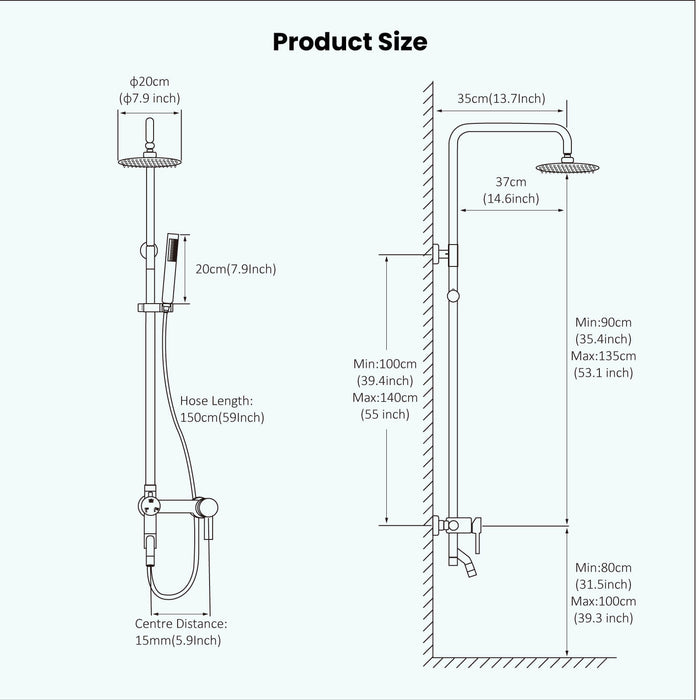 Gotonovo Exposed Shower System 8 Inch Rainfall Shower Head with Cylinder Hand Sprayer and Tub Spout Stainless Steel Bathroom Shower Faucet Fixture Wall Mount Triple Function