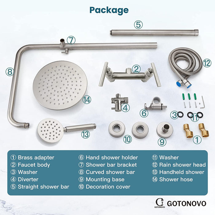 gotonovo Outdoor Shower Fixture System Combo Set Rainfall Lever Handle High Pressure Round Hand Spray Wall Mount Dual Function SUS304